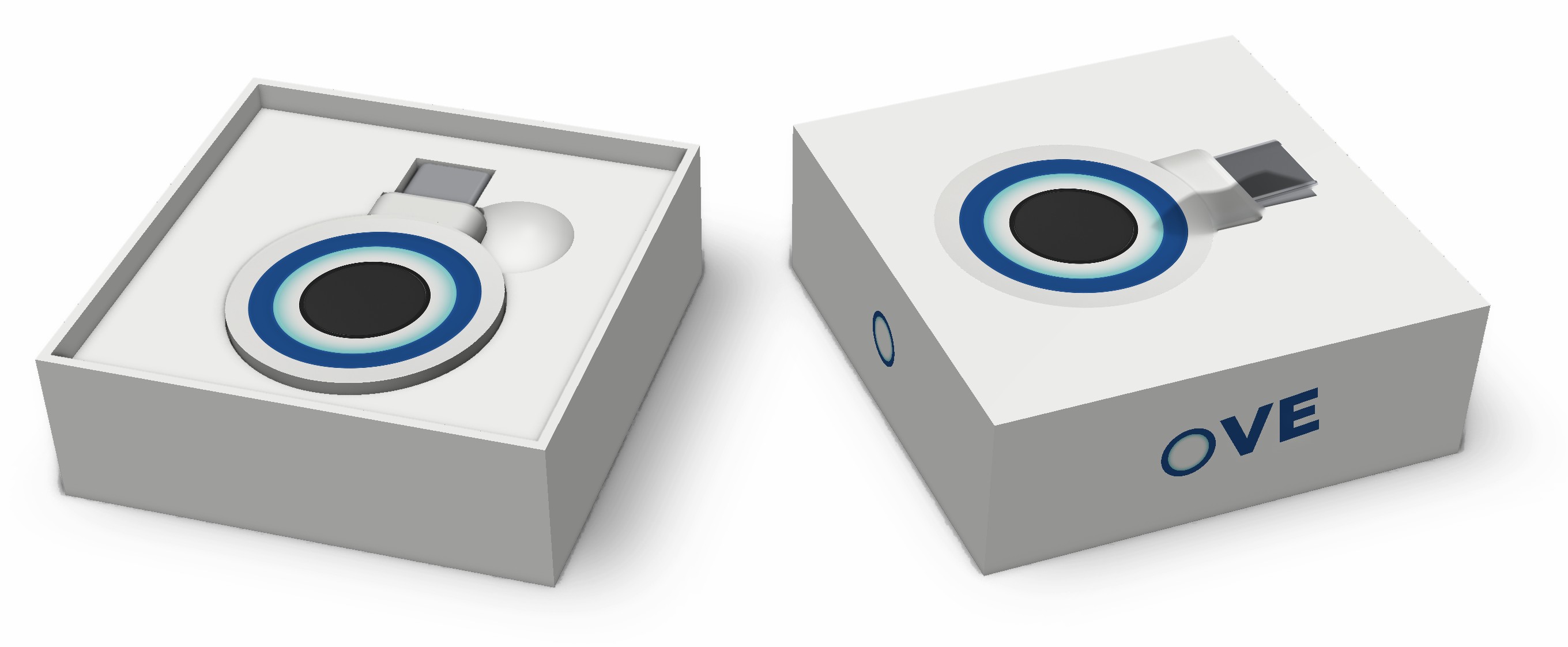 The OVE Sensor box open, with the sensor in its tray next to the lid